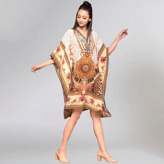 Beige and Brown Silk Kaftan Tunic