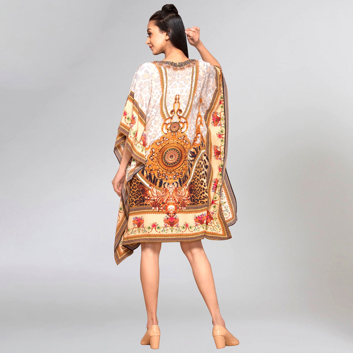 Beige and Brown Silk Kaftan Tunic