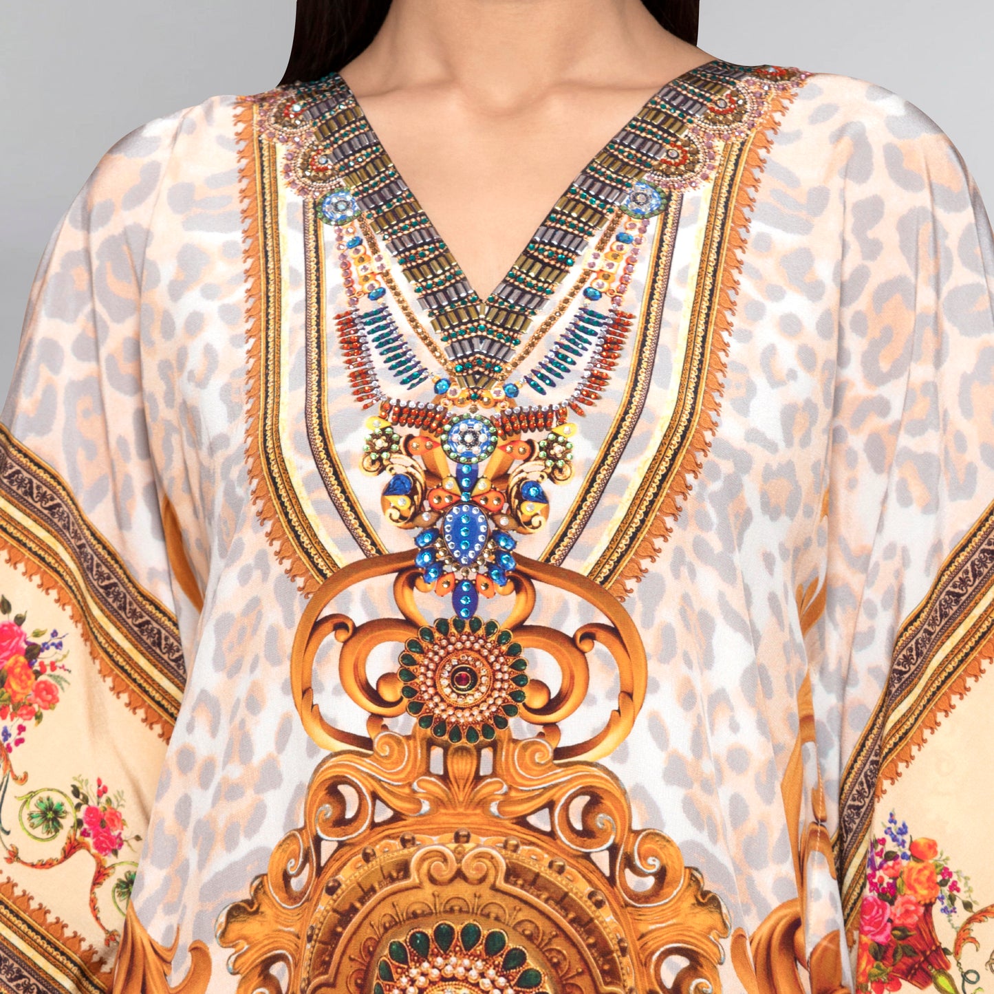 Beige and Brown Silk Kaftan Tunic