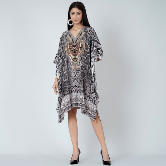 Grey and Black Python Print Silk Kaftan Tunic