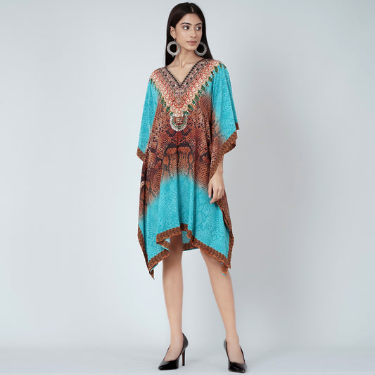 Blue and Brown Python Print Silk Kaftan Tunic