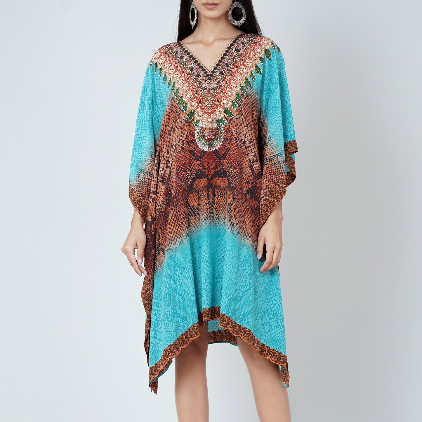 Blue and Brown Python Print Silk Kaftan Tunic