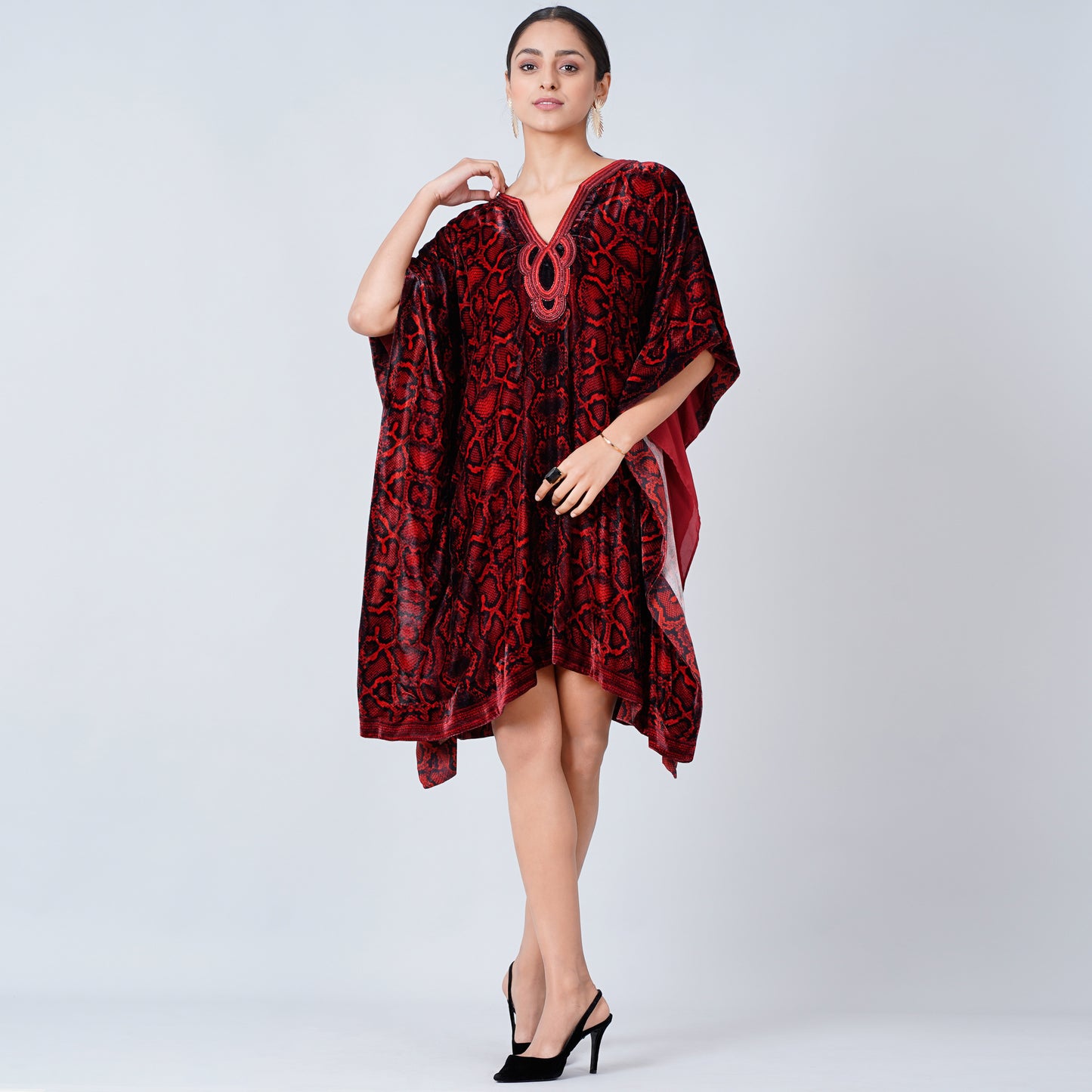 Red Hand Embroidered Animal Print Silk Velvet Kaftan Tunic
