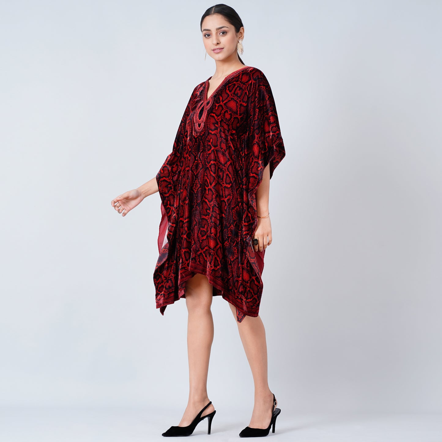 Red Hand Embroidered Animal Print Silk Velvet Kaftan Tunic