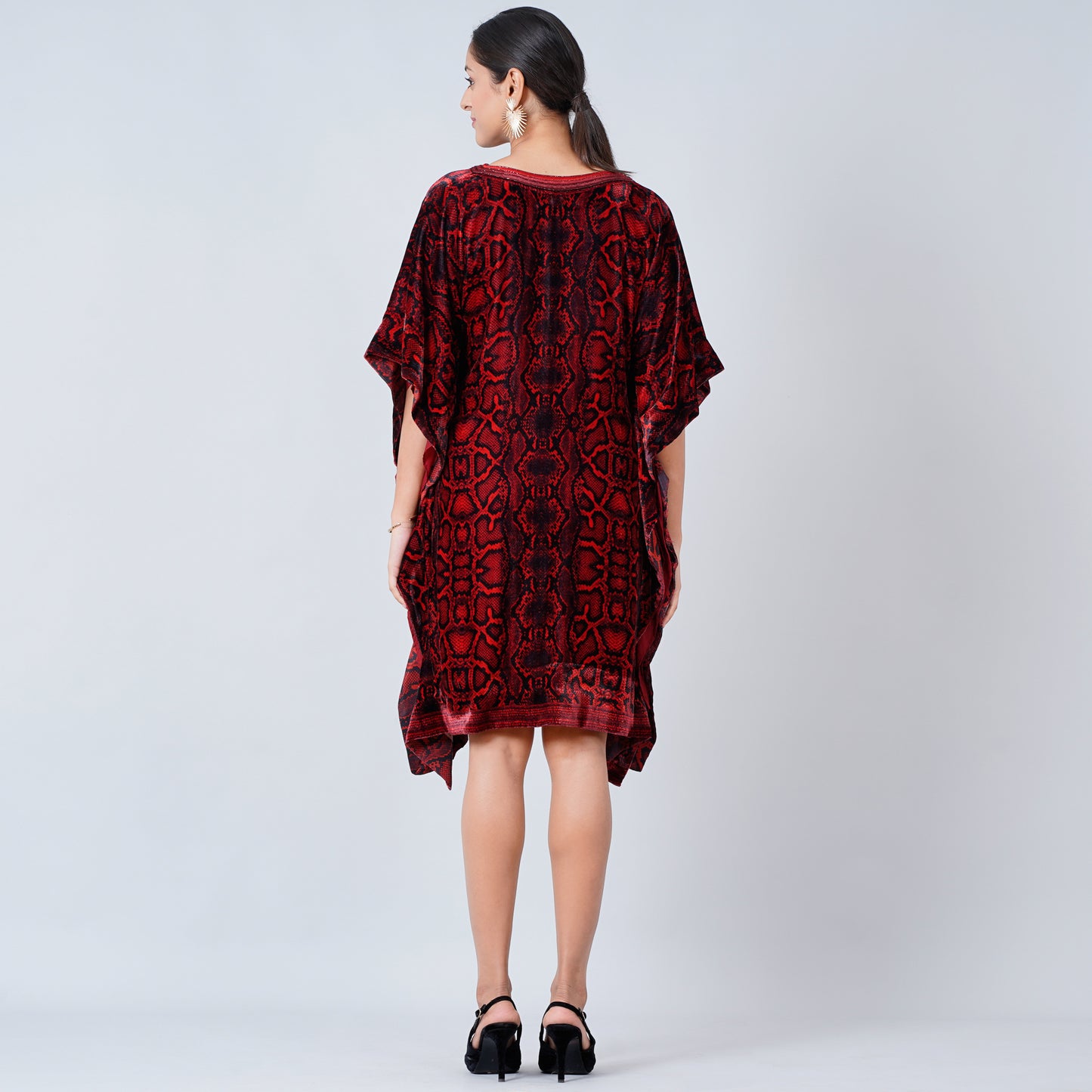 Red Hand Embroidered Animal Print Silk Velvet Kaftan Tunic