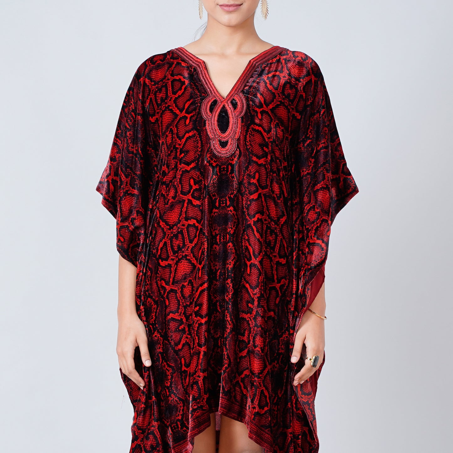 Red Hand Embroidered Animal Print Silk Velvet Kaftan Tunic