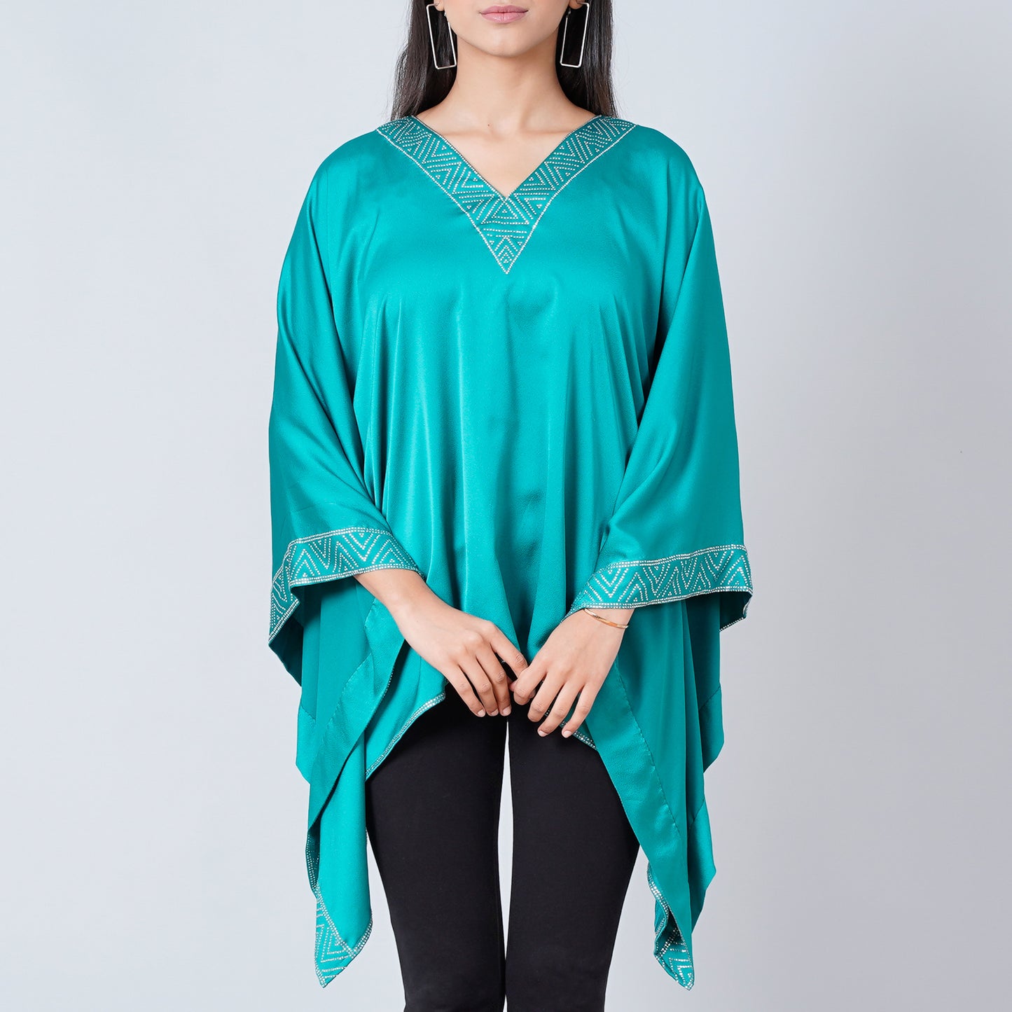 Teal Blue Embellished Kaftan Top