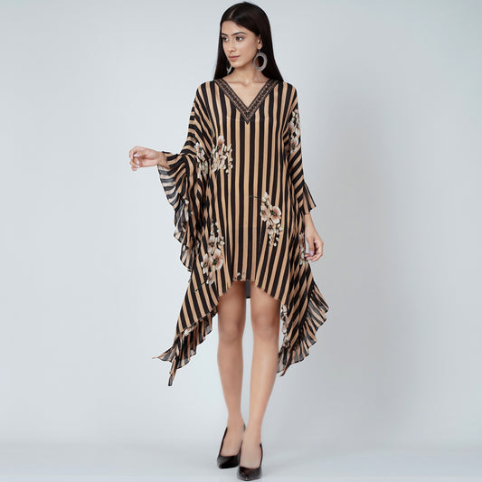 Black and Caramel Embellished Floral Frill Kaftan Tunic