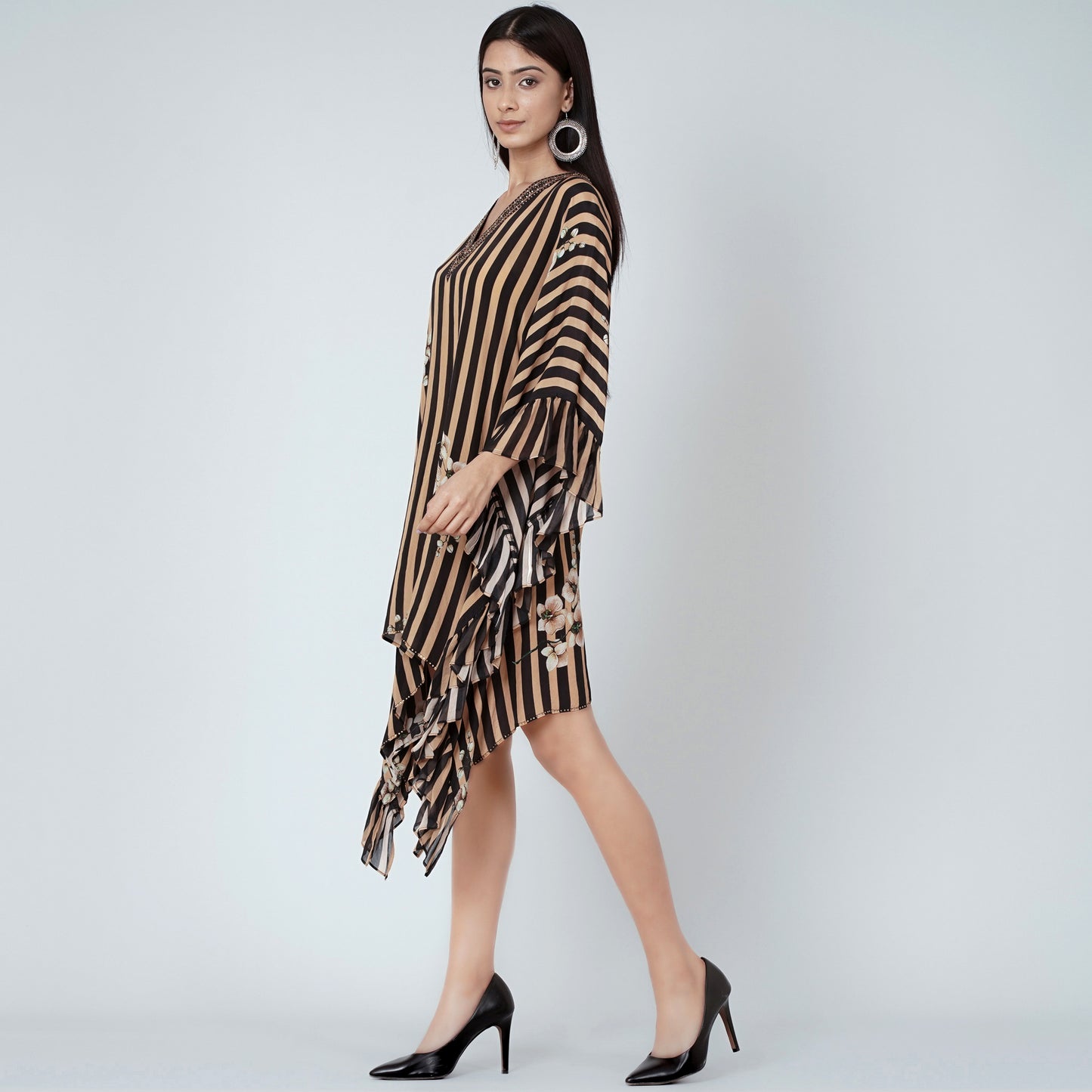 Black and Caramel Embellished Floral Frill Kaftan Tunic
