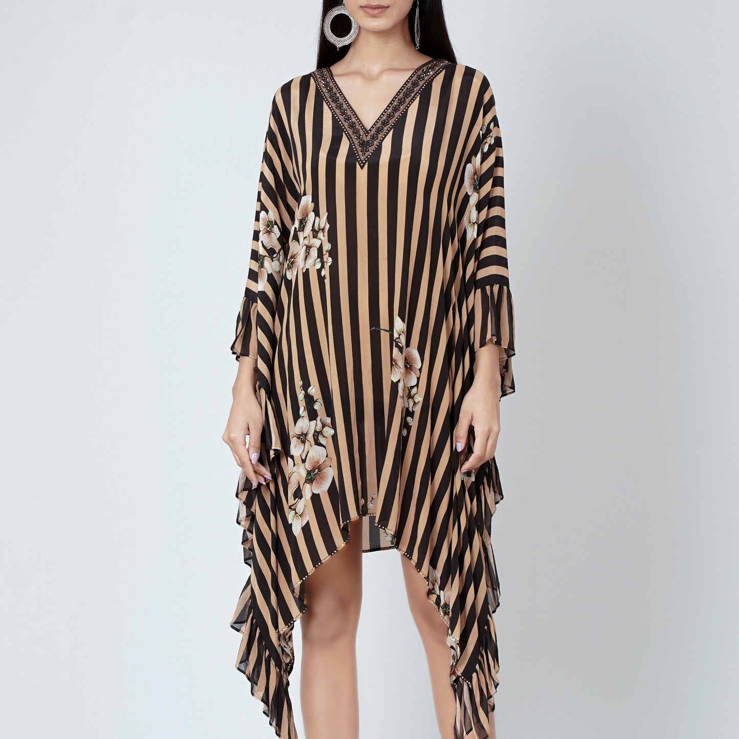 Black and Caramel Embellished Floral Frill Kaftan Tunic
