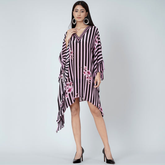 Black and Pink Embellished Floral Frill Kaftan Tunic