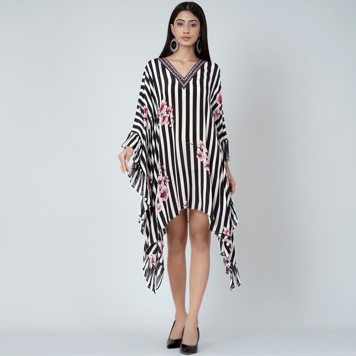 Black and White Embellished Floral Frill Kaftan Tunic
