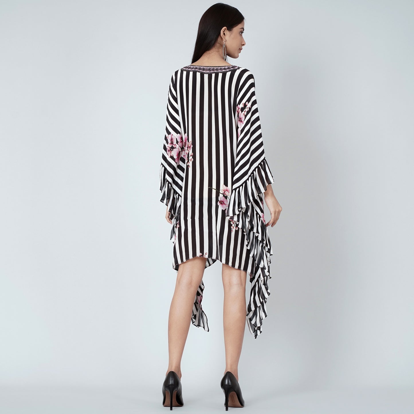 Black and White Embellished Floral Frill Kaftan Tunic