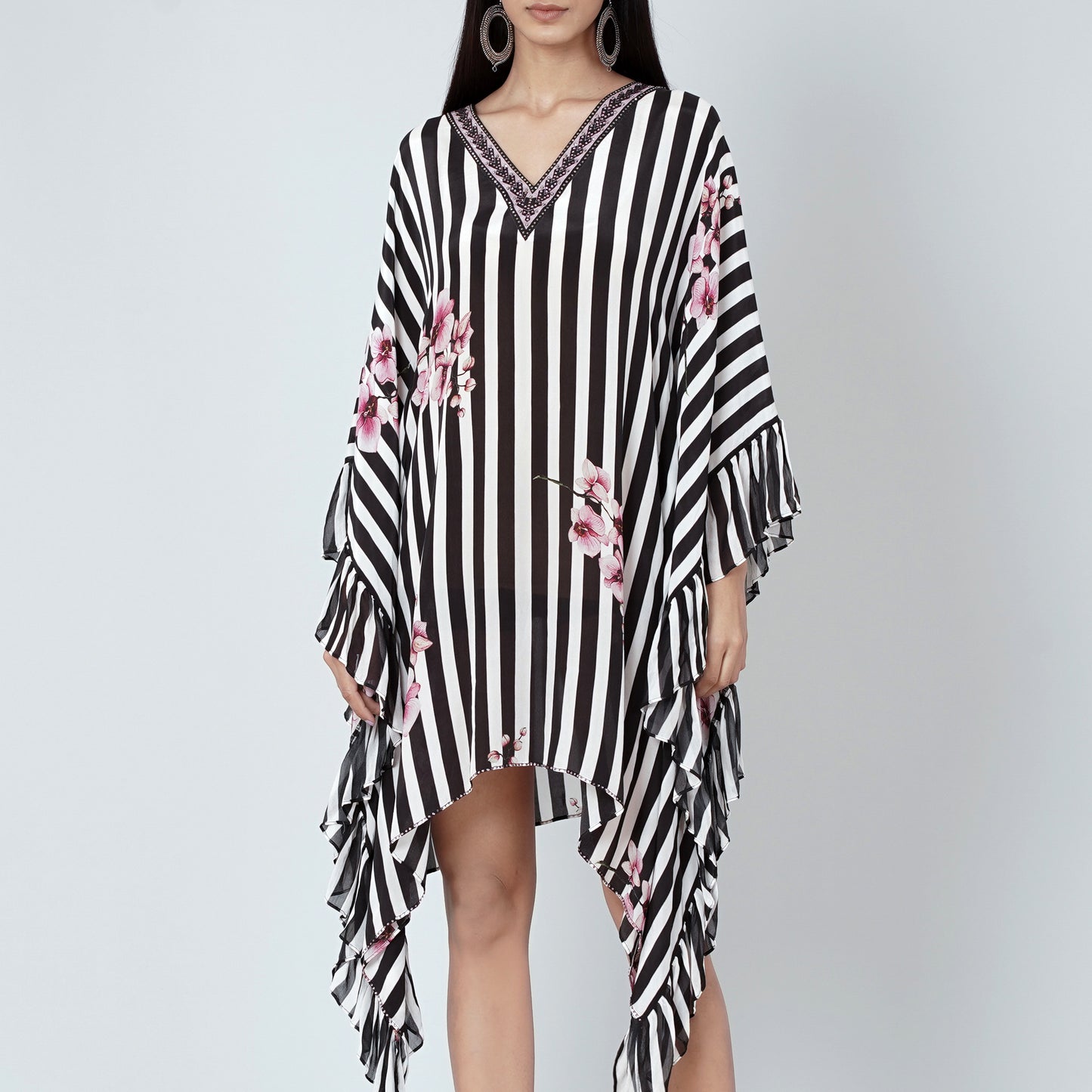 Black and White Embellished Floral Frill Kaftan Tunic