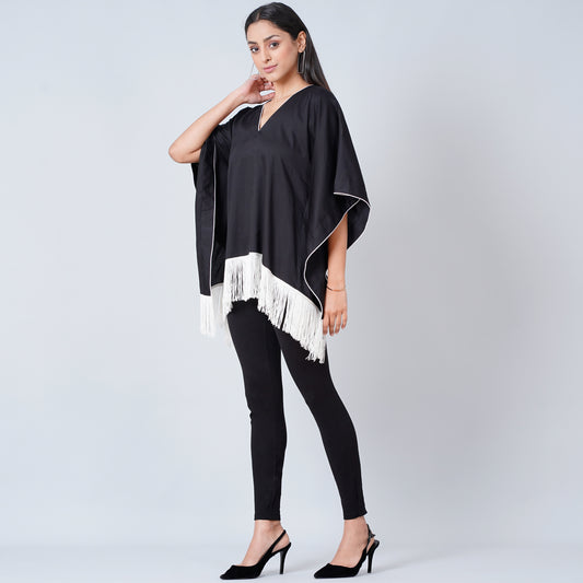 Black Kaftan Top with White Fringe