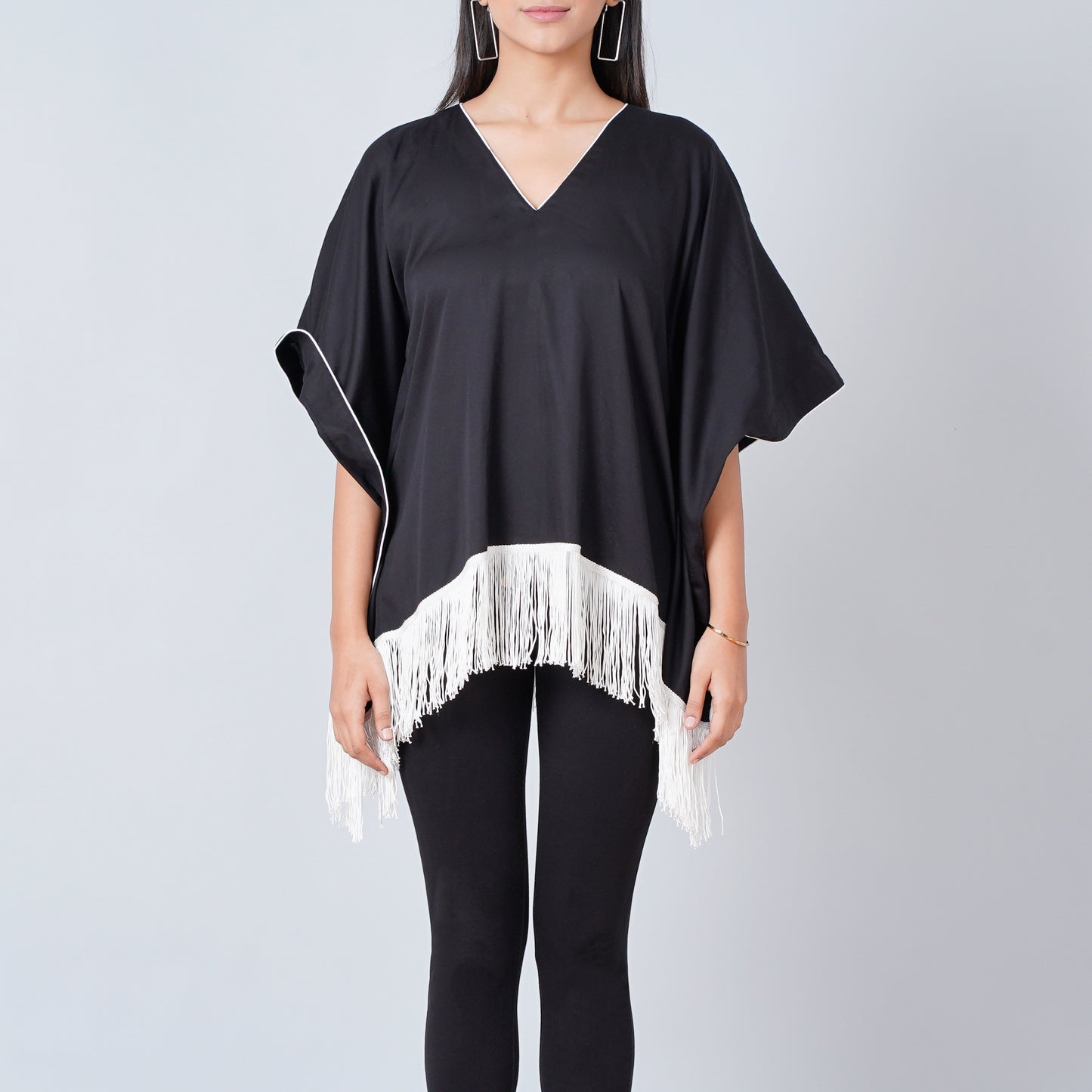 Black Kaftan Top with White Fringe