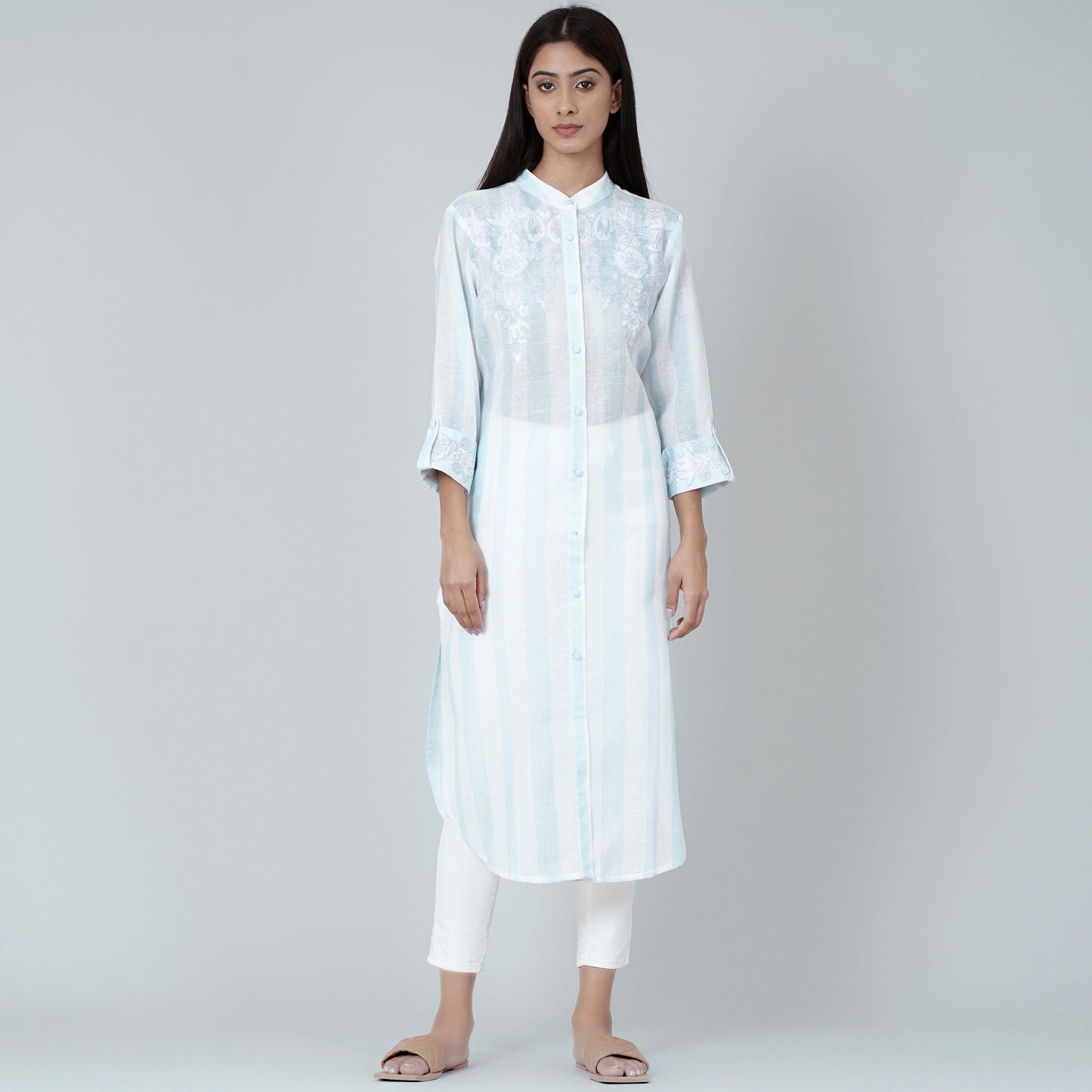 White and Blue Embroidered Shirt Style Kurti