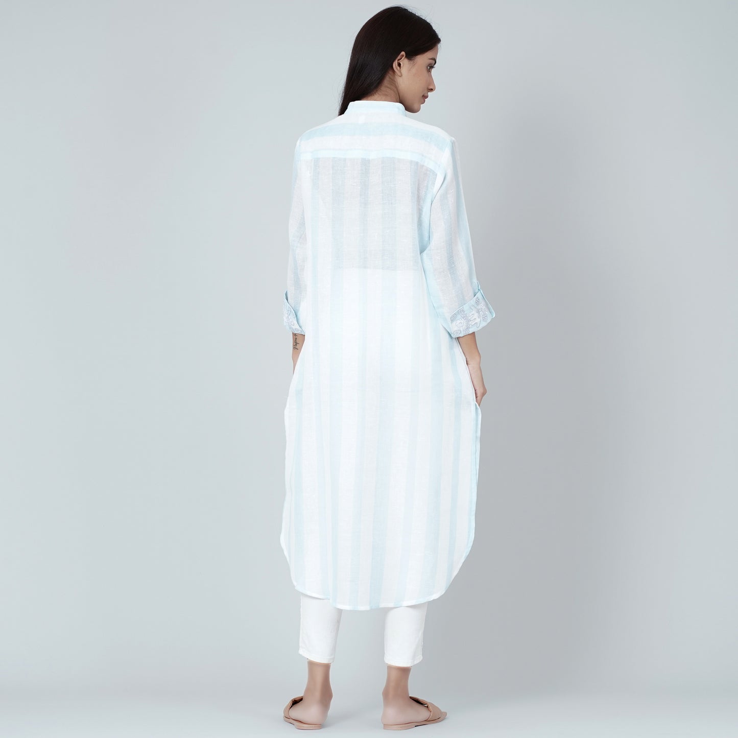 White and Blue Embroidered Shirt Style Kurti
