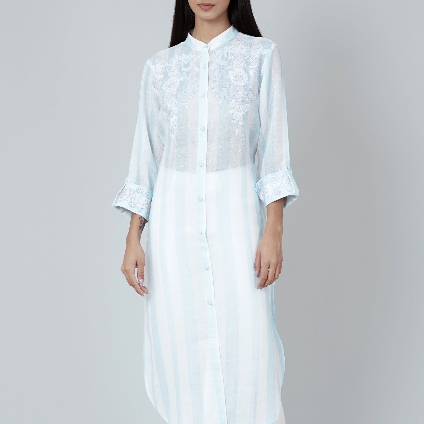 White and Blue Embroidered Shirt Style Kurti