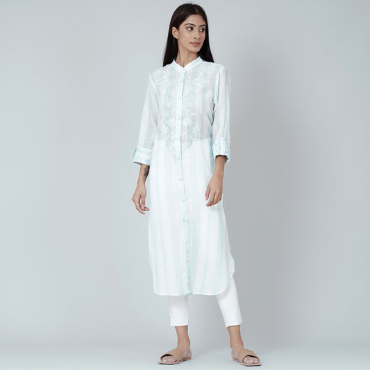 White and Green Embroidered Shirt Style Kurti