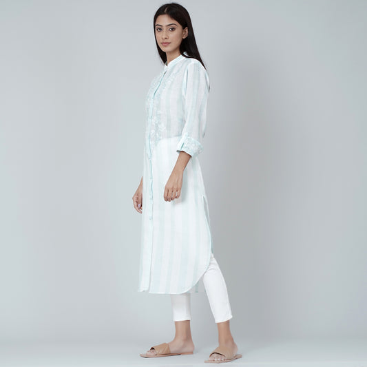 White and Green Embroidered Shirt Style Kurti