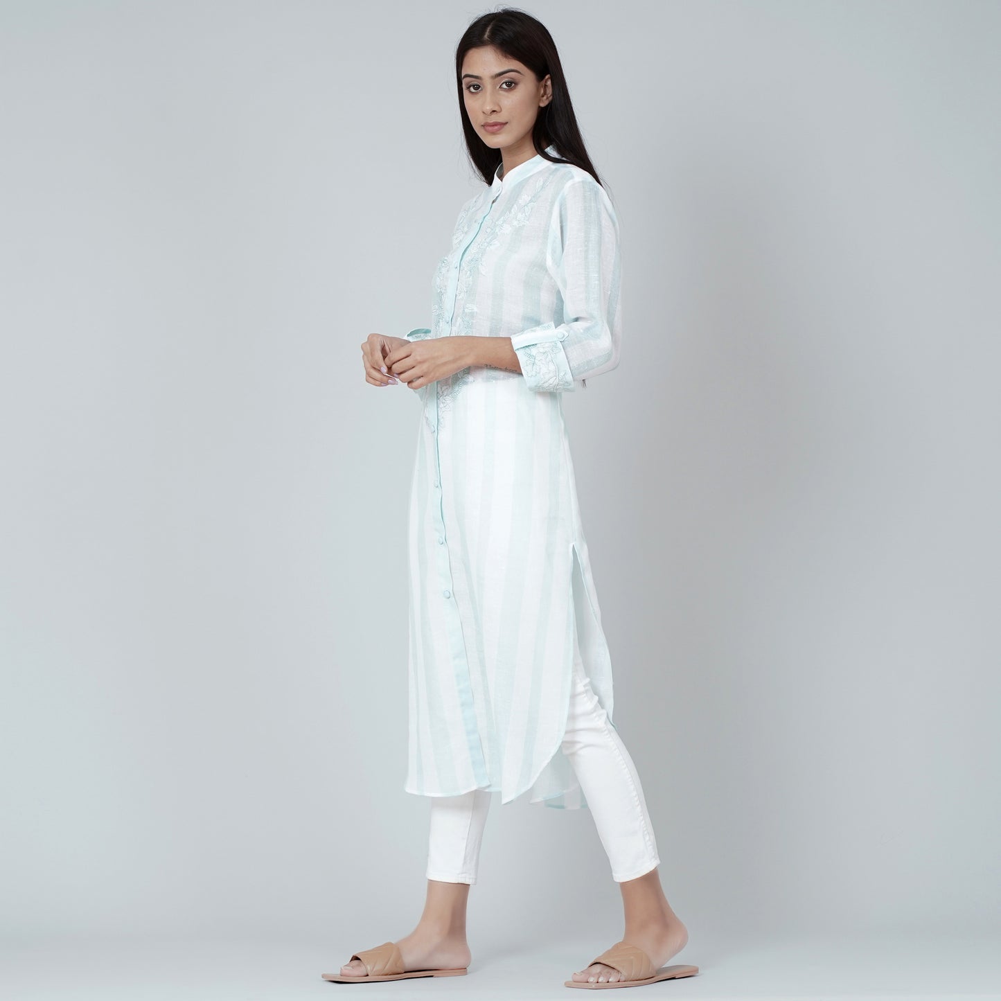 White and Green Embroidered Shirt Style Kurti