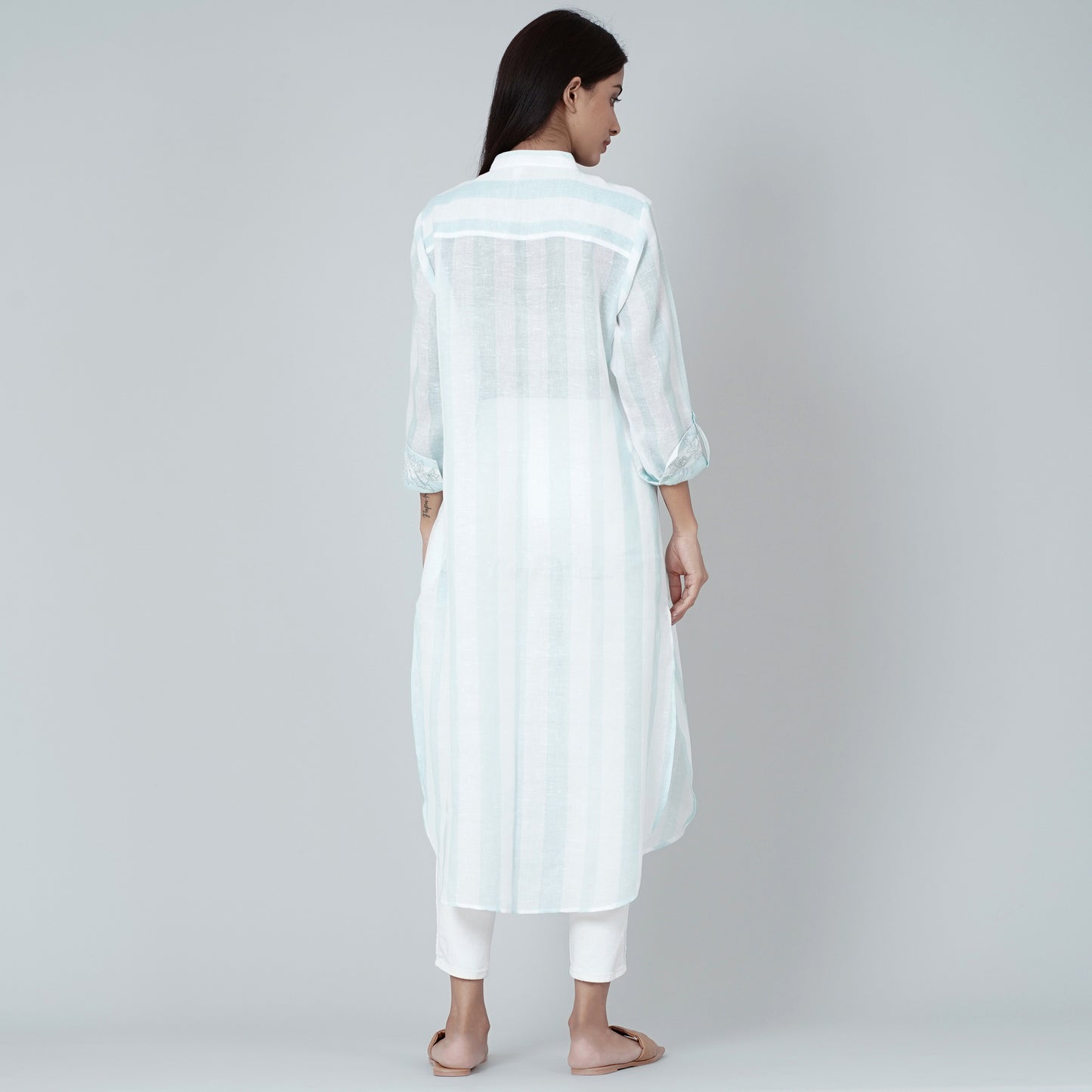 White and Green Embroidered Shirt Style Kurti