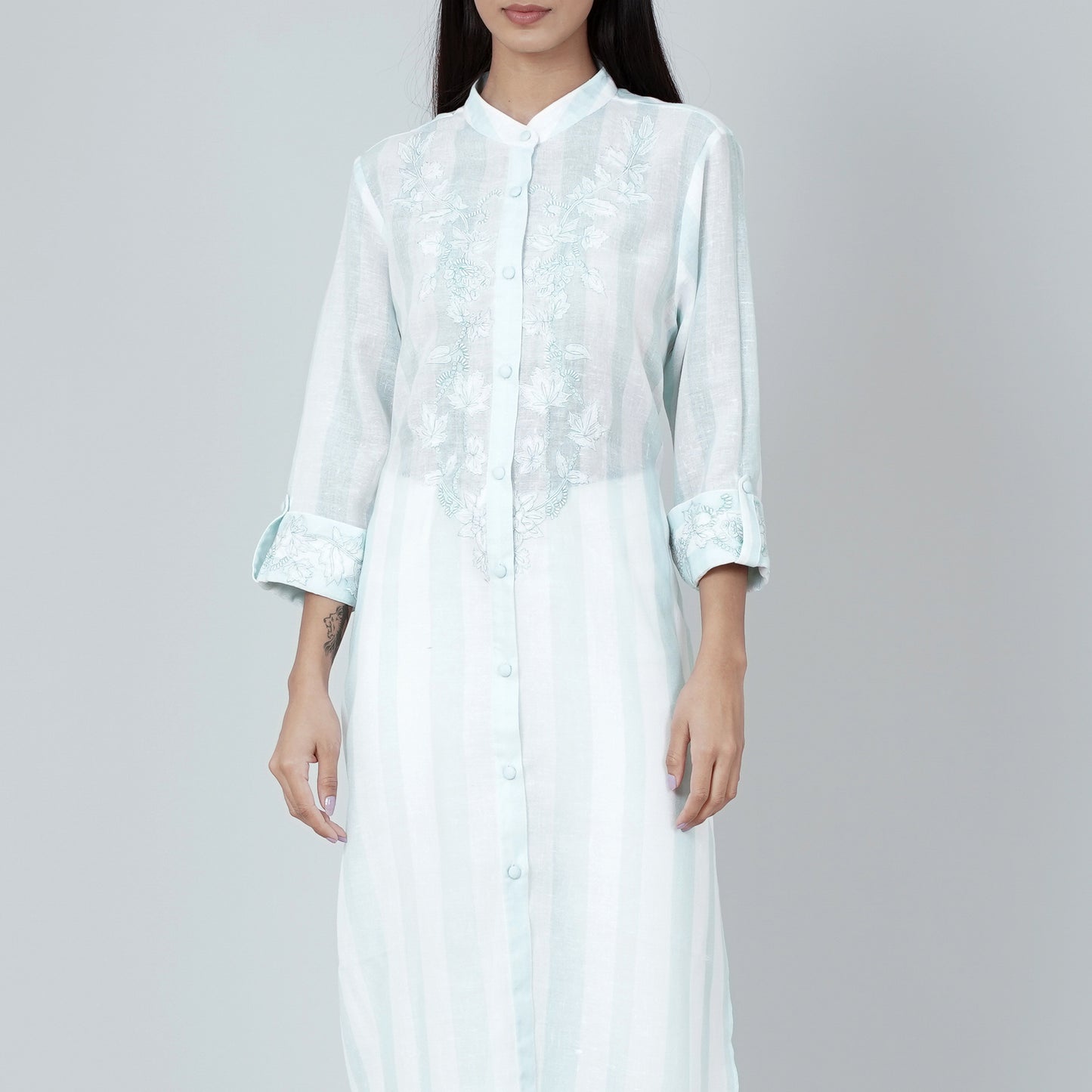 White and Green Embroidered Shirt Style Kurti