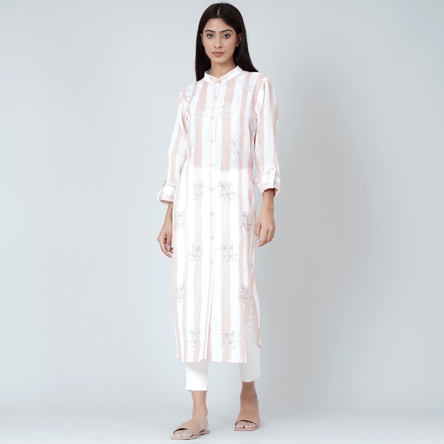 White and Rust Embroidered Shirt Style Kurti