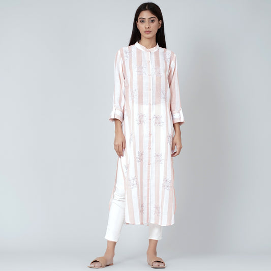 White and Rust Embroidered Shirt Style Kurti