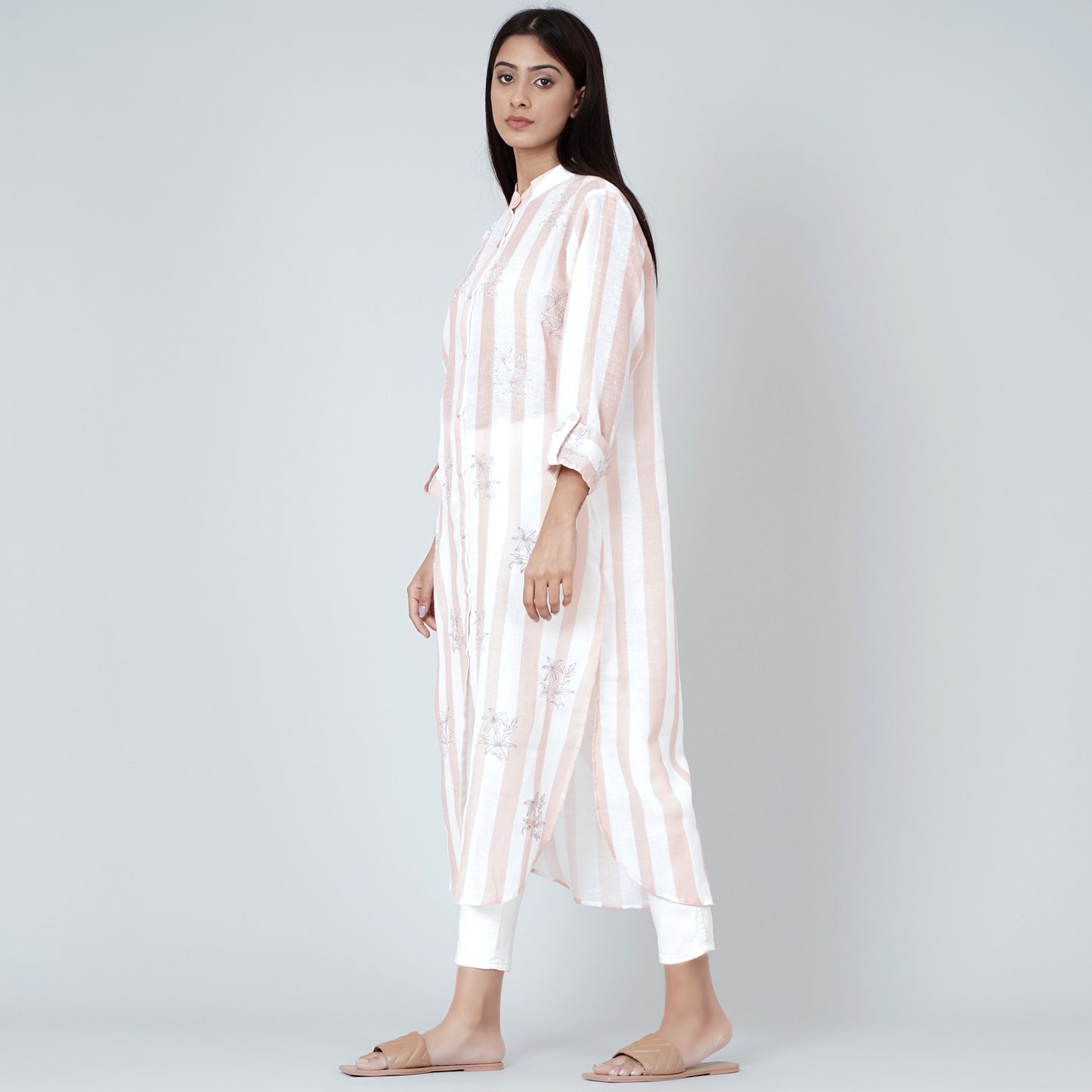 White and Rust Embroidered Shirt Style Kurti