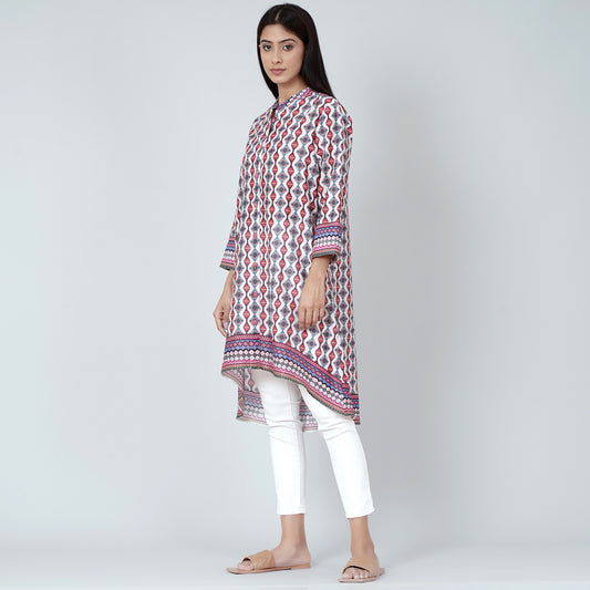 Multicoloured Asymmetrical Paisley Print Shirt Style Kurti