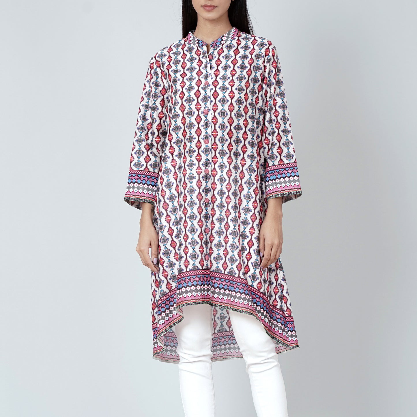 Multicoloured Asymmetrical Paisley Print Shirt Style Kurti