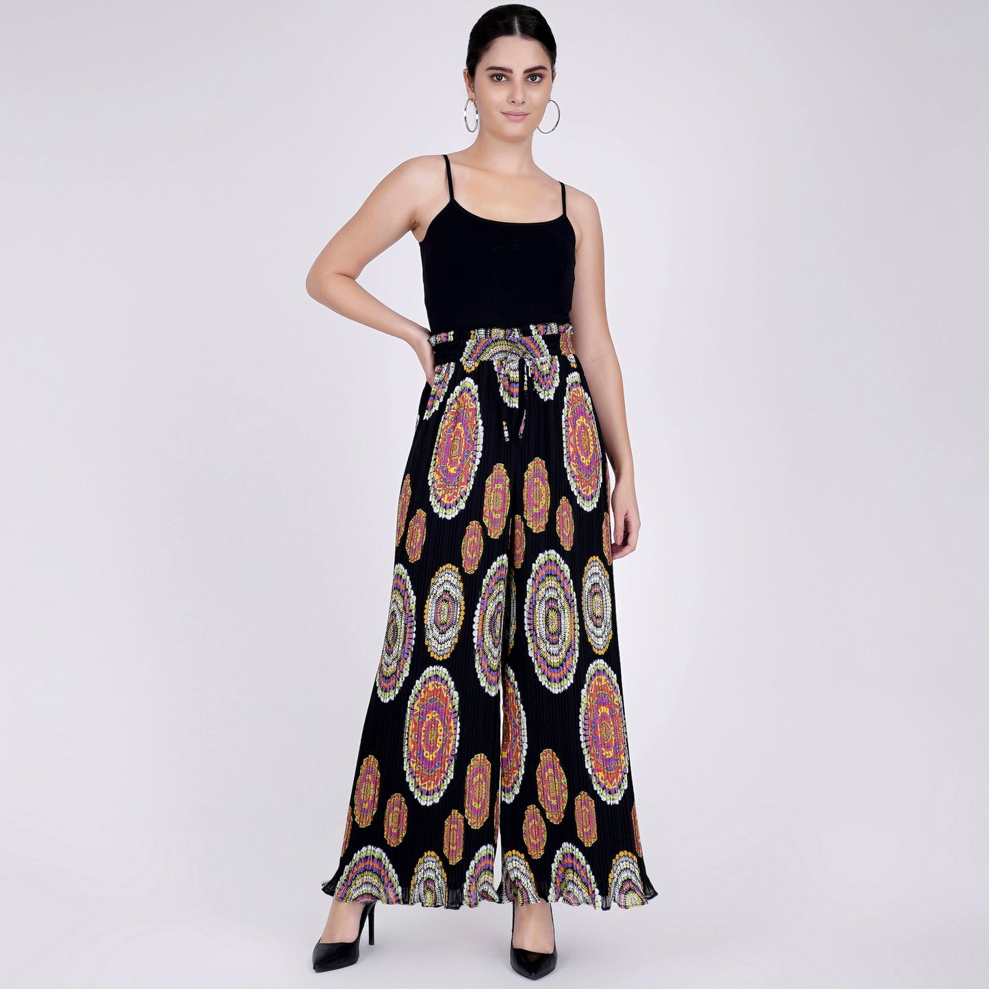 Black Geometric Print Pleated Palazzo
