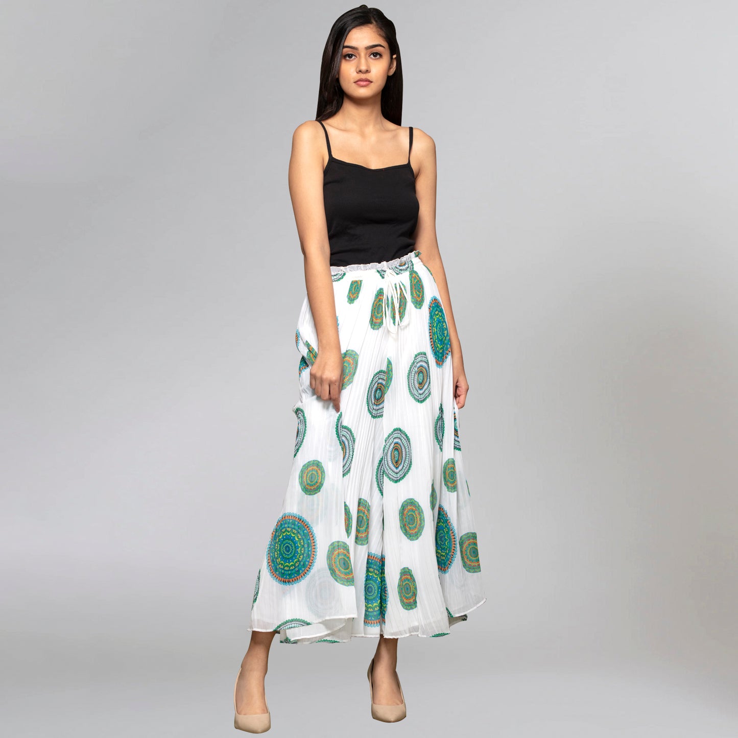 White Geometric Print Pleated Palazzo
