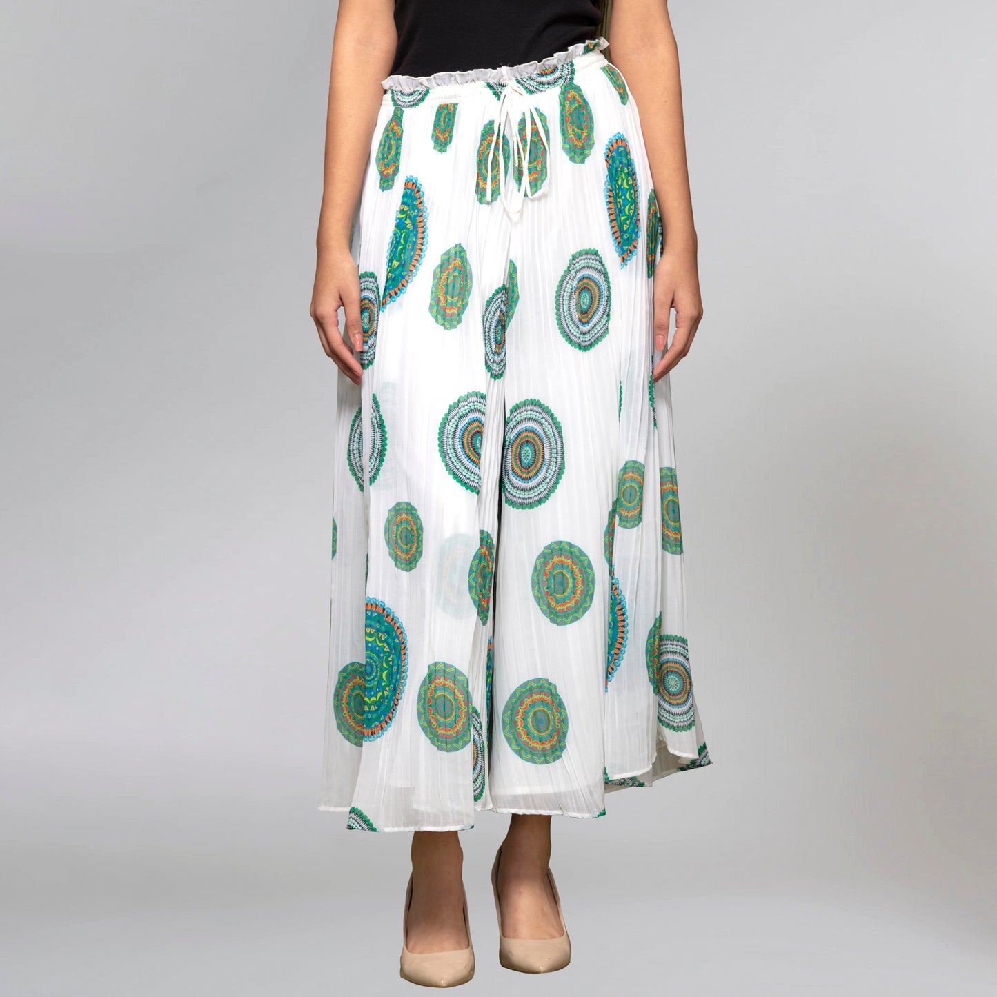 White Geometric Print Pleated Palazzo
