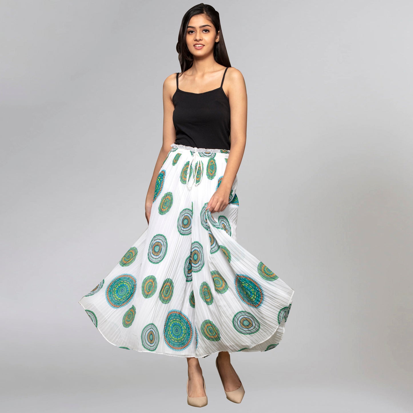 White Geometric Print Pleated Palazzo