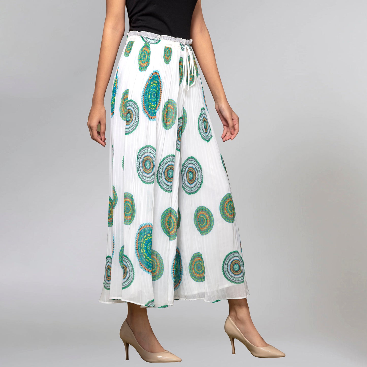 White Geometric Print Pleated Palazzo
