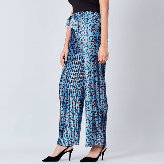 Blue Animal Print Knife Pleated Palazzo