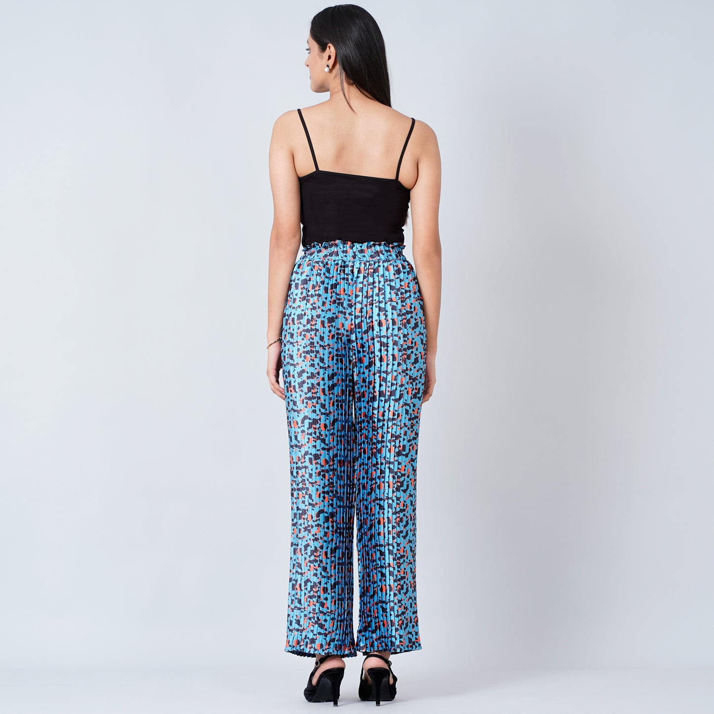 Blue Animal Print Knife Pleated Palazzo