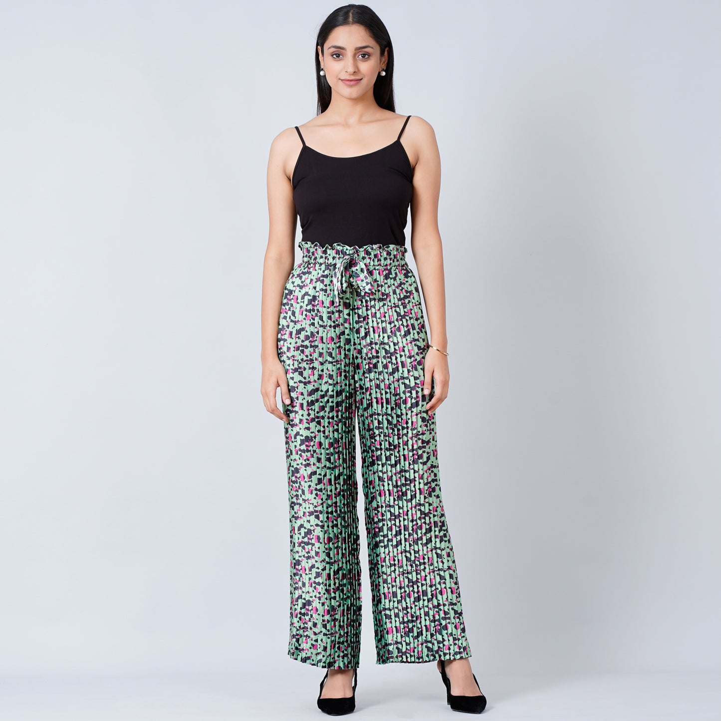Green Animal Print Knife Pleated Palazzo