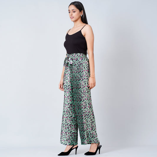 Green Animal Print Knife Pleated Palazzo