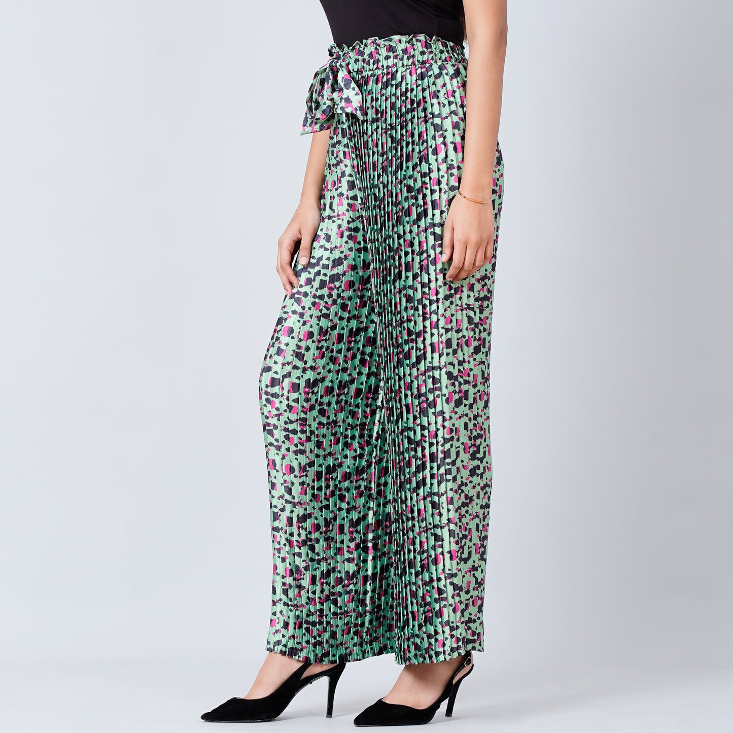 Green Animal Print Knife Pleated Palazzo