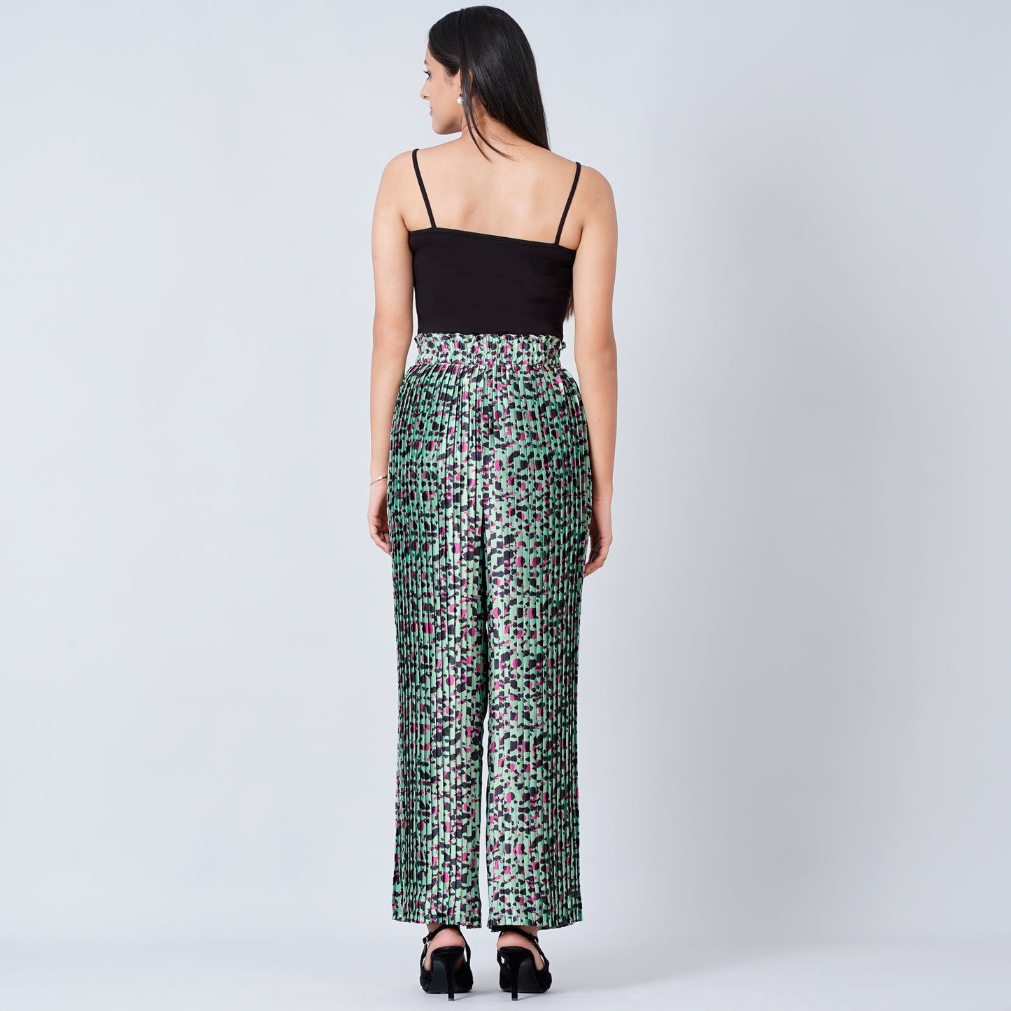 Green Animal Print Knife Pleated Palazzo