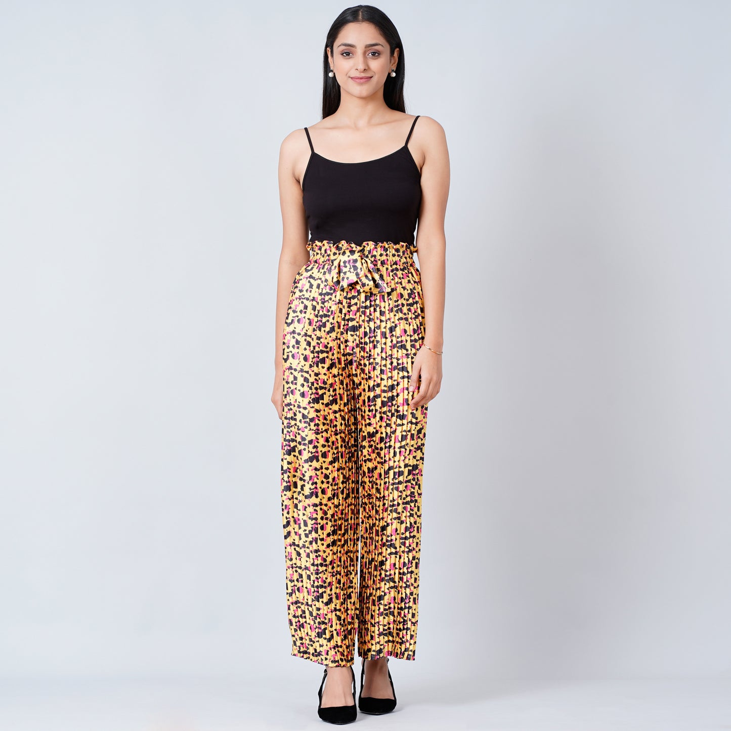 Yellow Animal Print Knife Pleated Palazzo