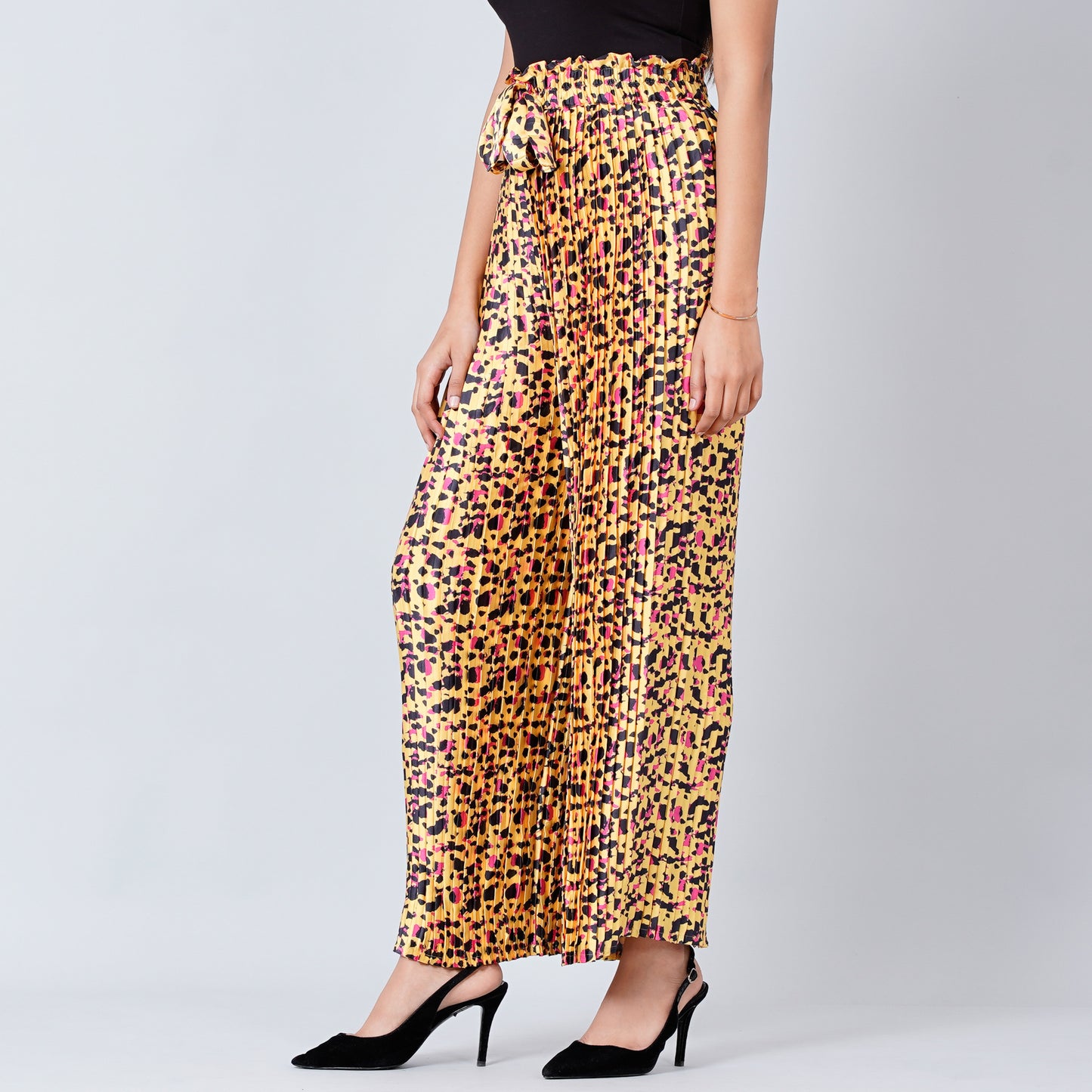 Yellow Animal Print Knife Pleated Palazzo