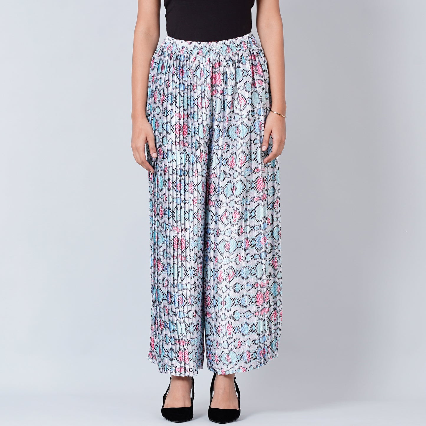 Blue Geometric Pleated Palazzo