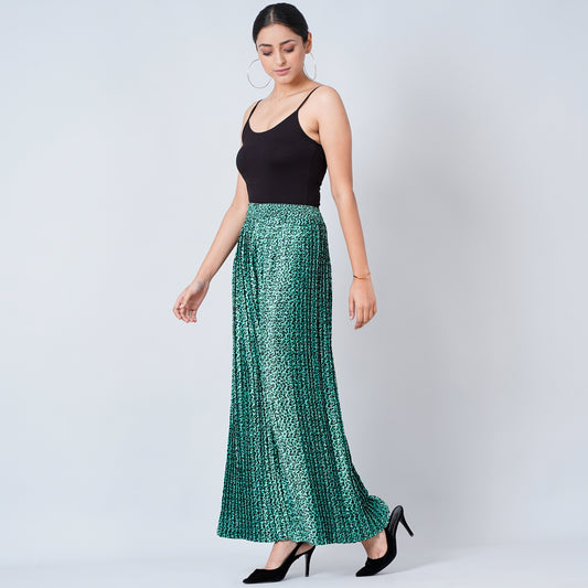 Green Animal Print Pleated Palazzo