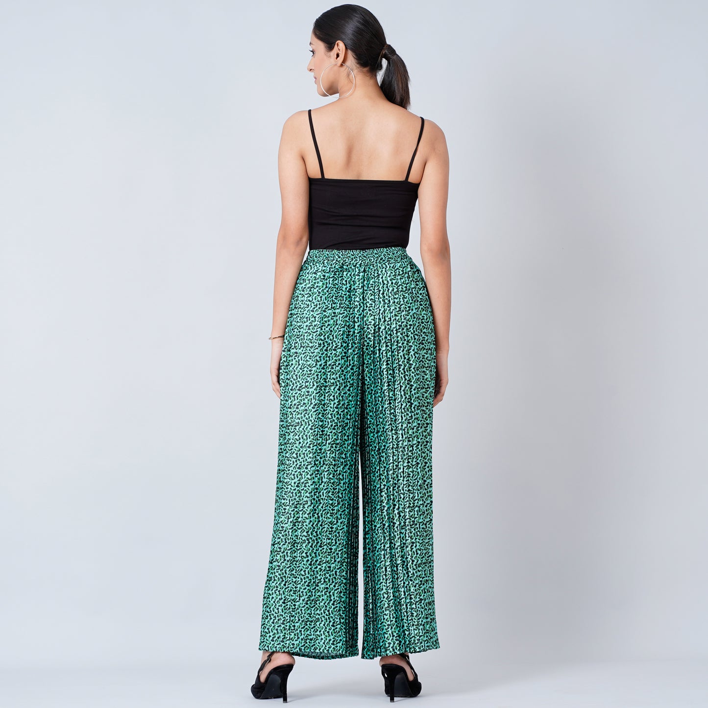 Green Animal Print Pleated Palazzo