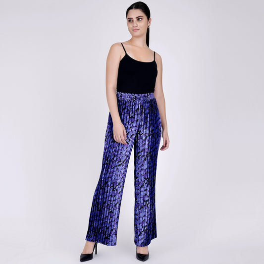 Blue Camouflage Print Knife Pleated Palazzo